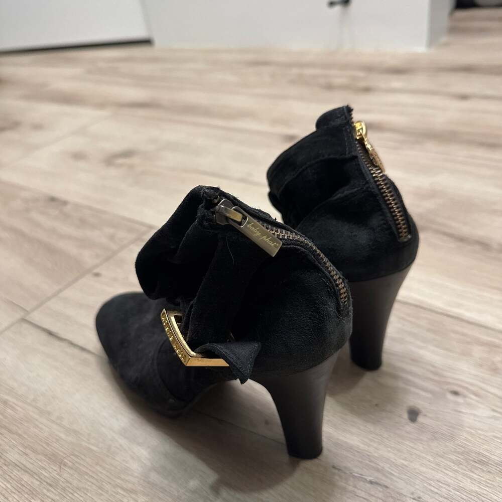 Tory Burch Adrienne Black Suede Adrienne Ankle Booties with Gold Buckle and Logo